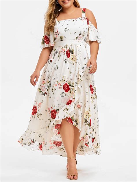 Off Plus Size Cold Shoulder Flounce Floral Maxi Dress Rosegal