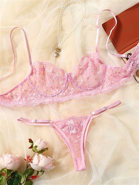 Pink Sexy Mesh Plain Sexy Sets Non Stretch Women Intimates Lingerie Rosa Lingerie Bonita Pink