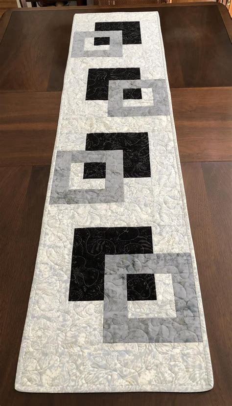 Gray And Black Quilted Tablerunner Handmade Modern Batik Table Runner Grey Black Wallhanging 14