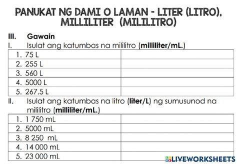 Panukat Ng Dami O Laman Liter Litro Milliliter Mililitro Worksheet Live Worksheets