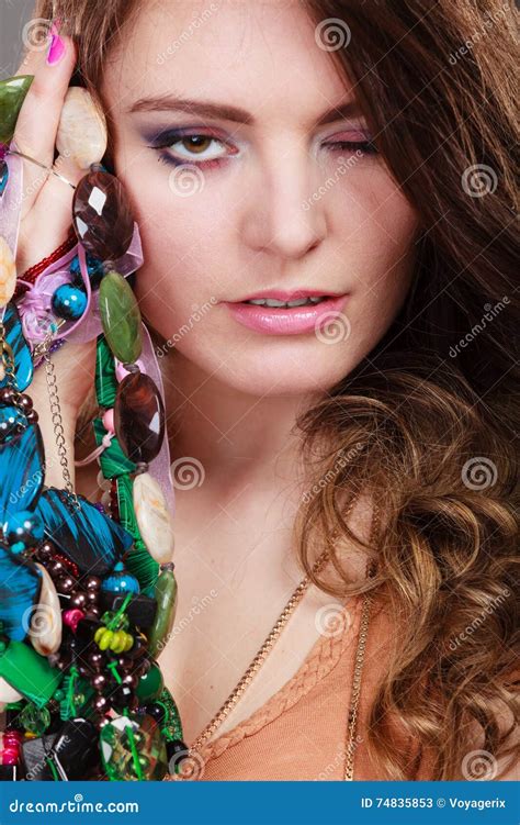 Pretty Woman with Jewelry Necklaces Ring Bracelets Stock Image - Image ...