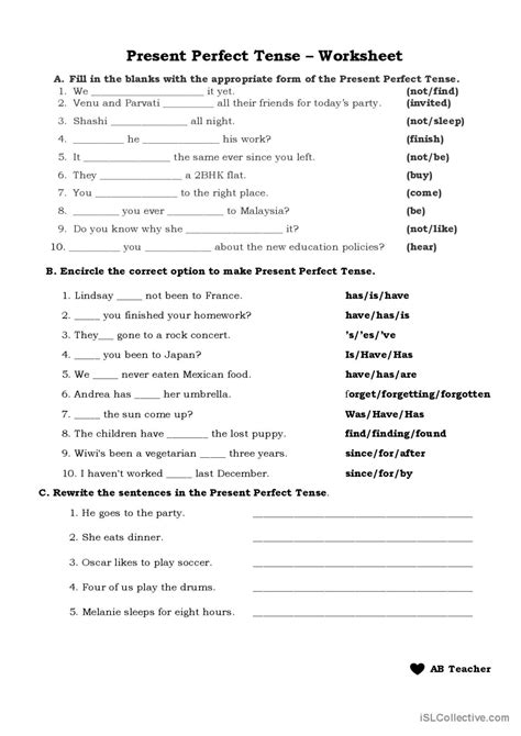 Present Perfect Tense General Gramma English ESL Worksheets Pdf Doc