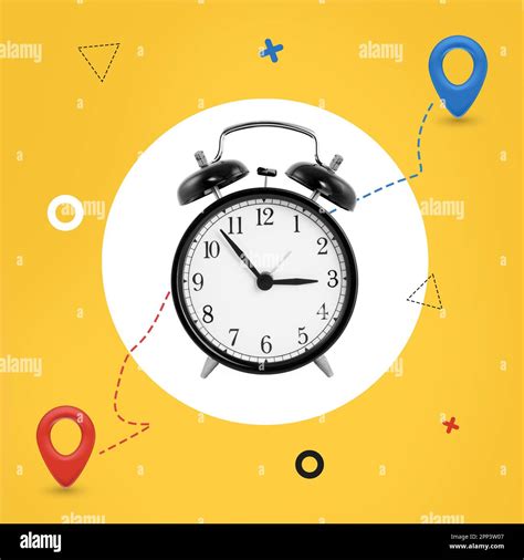 Black Clock Between Two Location Pins On A Line Path On Yellow
