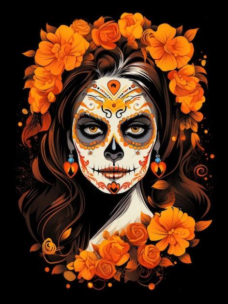 Premium Ai Image Sugar Skull Girl Vector Style Smooth Edges Orange