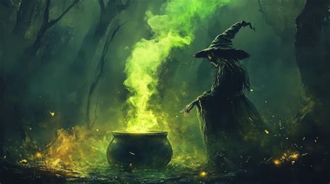 A Wicked Witch Brewing A Bubbling Potion In A Dark Enchanted Forest