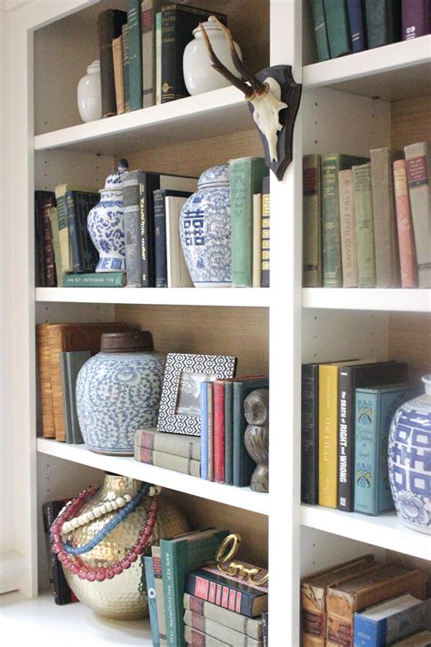 More Bookshelf Styling And See My Grasscloth Backed Shelves Forever Cottage