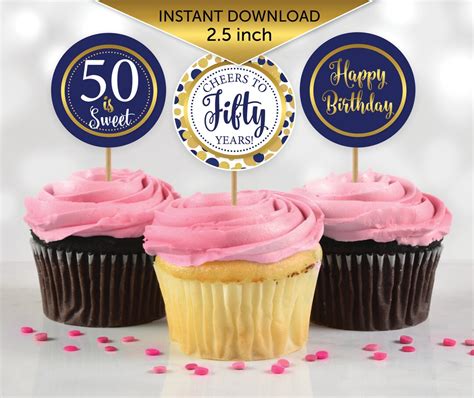 Round Cupcake Toppers 50th Birthday Digital Printable 2 5 X 2 5 Inches