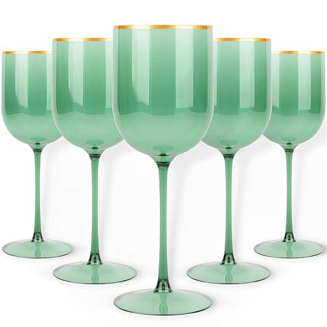 Blue Sky Green Plastic Wine Glasses With Gold Rim 12oz 5 Pack Reusable