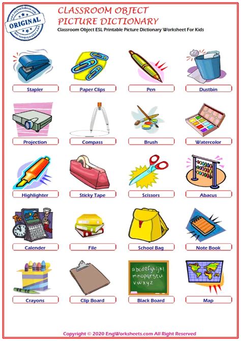 Classroom Objects Printable English Esl Vocabulary Worksheets