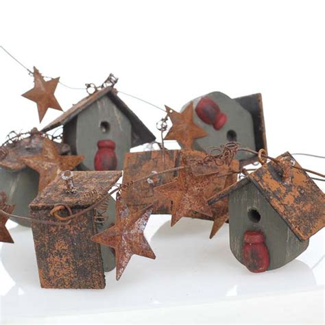 Primitive Green Birdhouse Garland With Dimensional Rusty Stars Garlands Floral Supplies