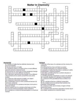 Matter In Chemistry Crossword Puzzle By Mrs Stotts Science Store