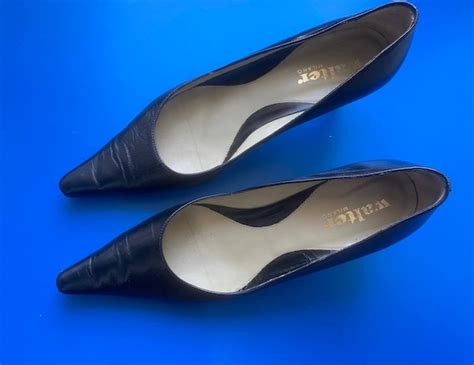 Vintage Black Leather Shoes Kitten Heels Low Stiletto Heels. - Etsy