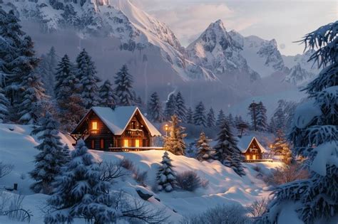 Cozy Cabins Nestled In Snowy Mountains Premium Ai Generated Image