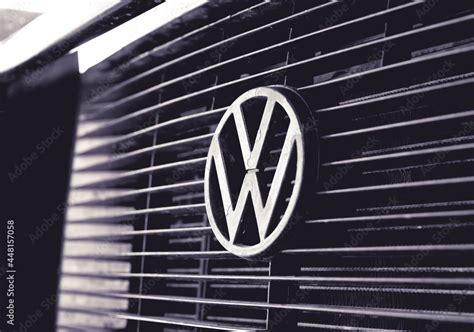 Volkswagen logo. Volkswagen logo. Black and white photo of the logo on the front of an old van ...