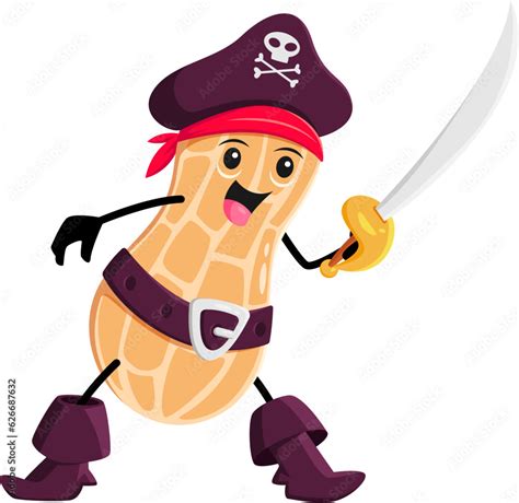 Cartoon Peanut Pod Pirate And Corsair Character Isolated Vector Funny Plunder Nut With Saber