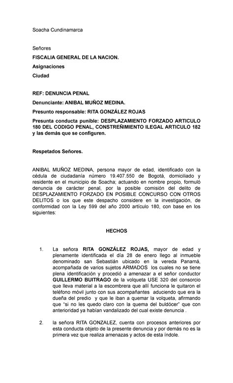 denuncia penal soacha minuta denucnia por amenazas soacha cundinamarca señores fiscalia