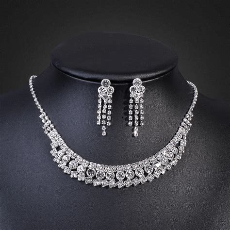 Classic Wedding Jewelry Set Sparkly Rhinestone Crystal Necklace Earrings Set For Charm Bridal