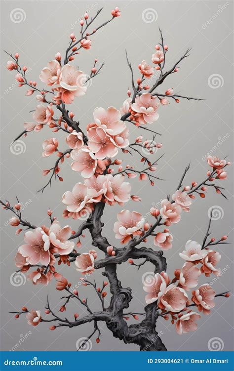 A Painting of a Tree with Pink Flowers. Gouache Painting of a Peach ...