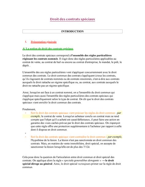 Cs Notes De Cours Droit Des Contrats Sp Ciaux Droit Des