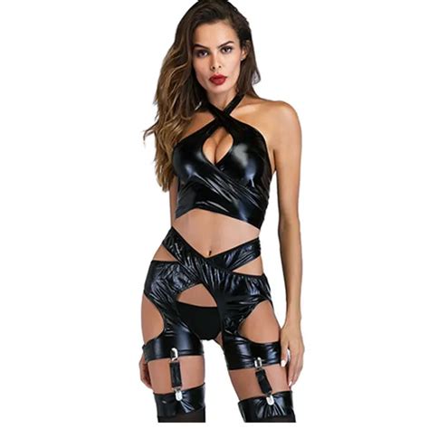 Sexy Black Women Lingerie Set Faux Leather Lingerie Femme Fetish