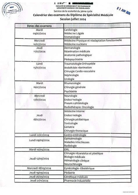 Calendrier des examens du Diplôme de Spécialité Médicale Session