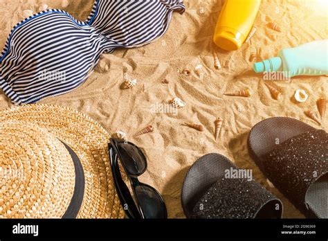 Summer Bikini And Accessories Stylish Beach Set Beach Bikini Summer Outfit And Sea Sand As
