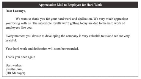 Employee Appreciation Letter For Hard Work