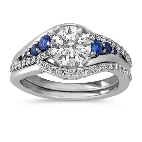 Round Sapphire And Diamond Wedding Set In White Gold Diamond Wedding