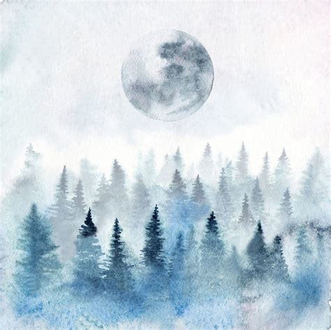 Vinyl Self Adhesive Watercolor Pattern Dark Blue Full Moon Forest Full