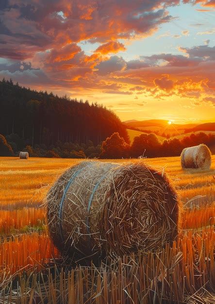 Premium Photo Hay Bales On The Field After Harvest Colorful Sunset