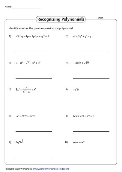 Identifying Polynomials Worksheet