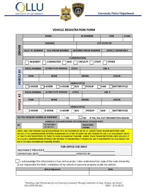 Fillable Online VEHICLE REGISTRATION FORM D R IV ER V EH ICLE 1