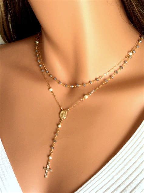 Best Seller Labradorite Rosary Necklace Multi Strand Gold Sterling