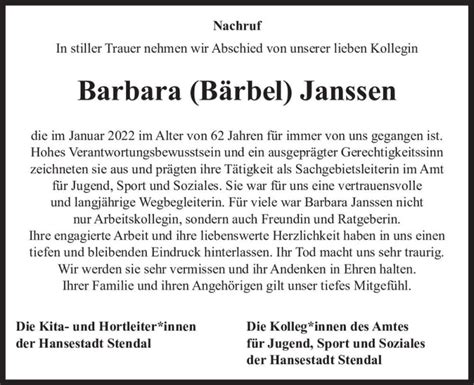 Traueranzeigen Von Barbara B Rbel Janssen Abschied Nehmen De