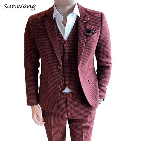 Sur Mesure Slim Fit Costumes Pour Hommes R Tro Rouge Treillis Robe