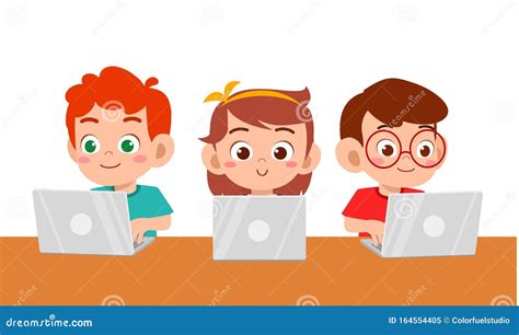 Happy Cute Kids Boy And Girl Using Laptop Stock Illustration