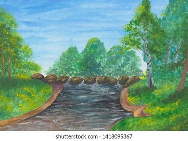 Gouache Painting River Forest Green Trees Stock Illustration 1418095367 ...