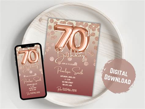 Editable Rose Gold Glitter 70th Birthday Invitation Template