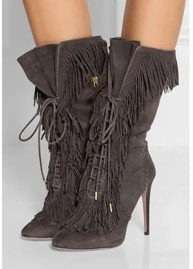 Hot Selling Suede Fringed Lace Up High Heel Boots 2019 Pointed Toe Thin