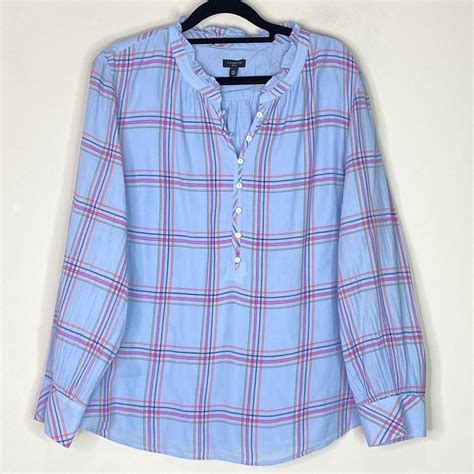 Talbots Plaid Ruffle Henley Popover Long Sleeve Gem