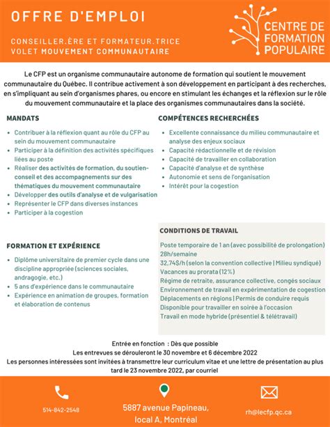 Offre D Emploi Au Cfp Conseiller Re Et Formateurtrice Volet