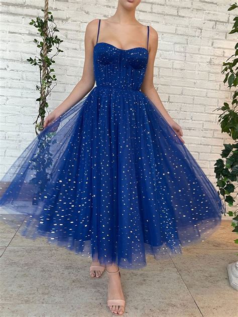 Shiny Tea Length Royal Blue Prom Dresses Royal Blue Tea Length Formal