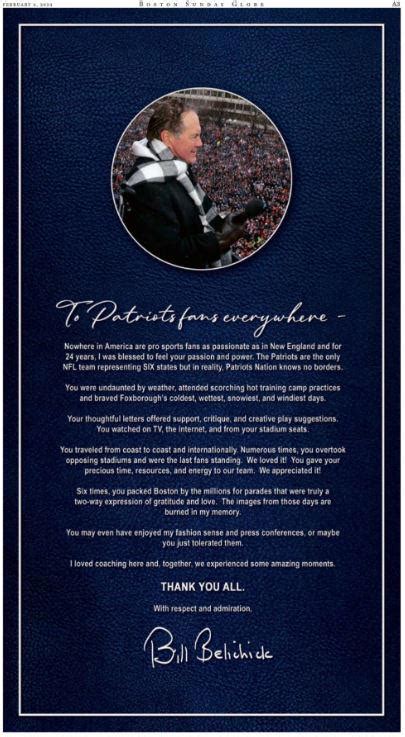 Bill Belichick Thanks Patriots Fans With Full Page Boston Globe Ad