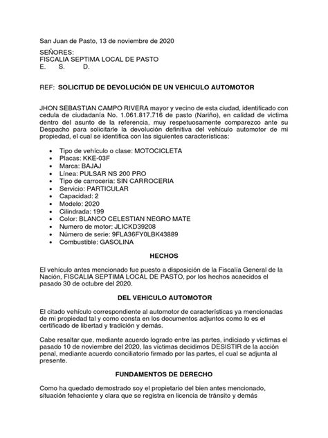 Solicitud Devolucion Vehiculo Pdf