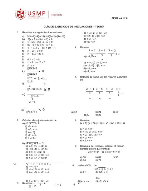 Ejercicios Inecuaciones Teoria SEMANA N 6 GUÍA DE EJERCICIOS DE