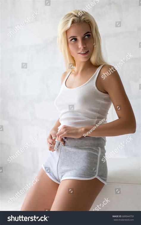 Sexy Blonde White Top Posing Studio Stock Photo Shutterstock
