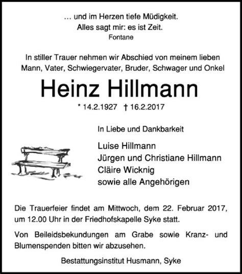 Traueranzeigen Von Heinz Hillmann Trauer Kreiszeitung De