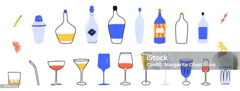 Grand Ensemble De Différentes Bouteilles Et Verres Bouteilles Dalcool Dessinées À La Main Des