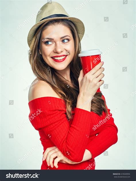 Beautiful Smiling Woman Wearing Red Sweater Holding Red Coffee Cup Young Model In Red Isolated