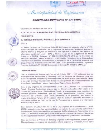 Ordenanzas Municipales N 377 CMPC 2012 Ordenanza Municipal De